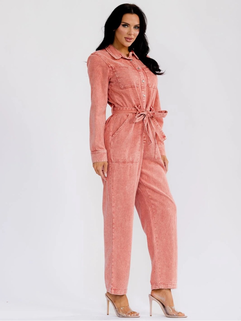 Coral Washed Denim Button-Up Utility  S Jumpsuit Belted 100% Cotton - Picture 2 of 11